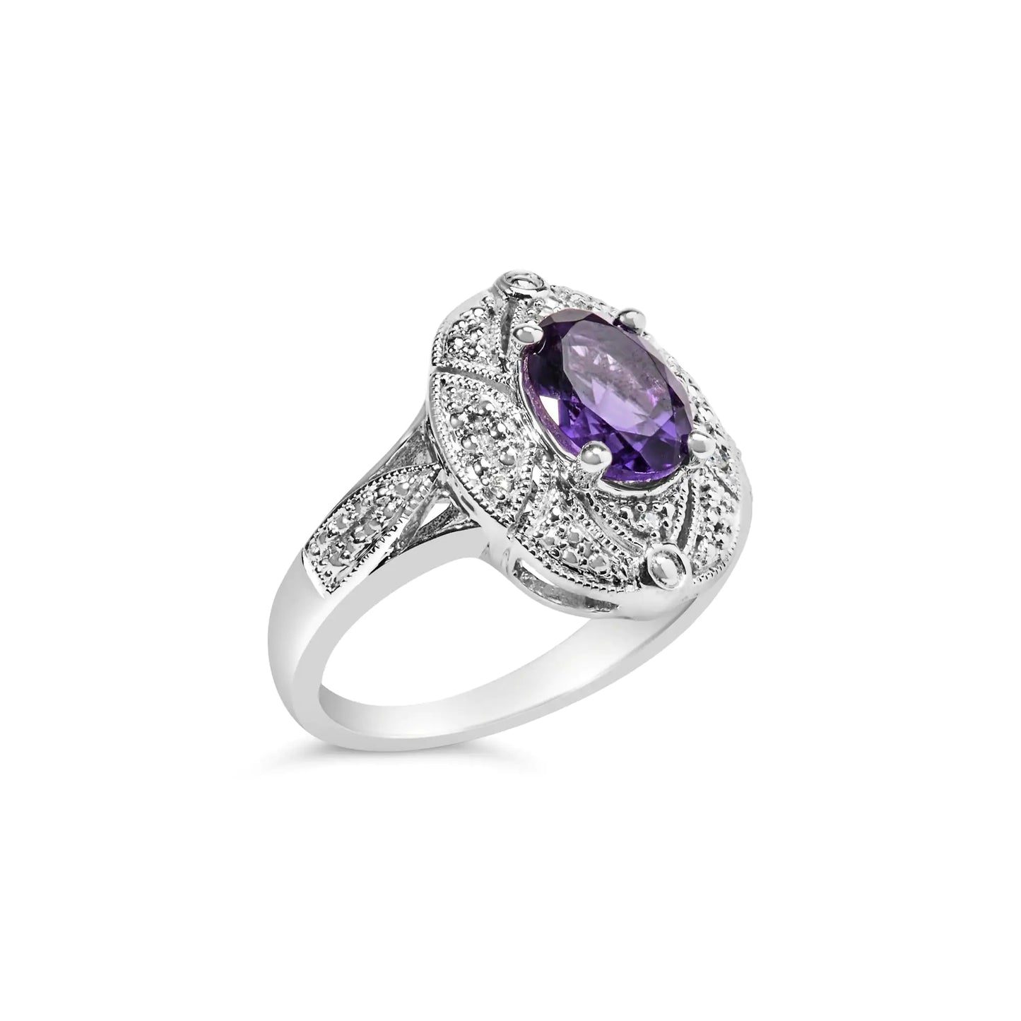 Sterling Silver Purple Amethyst and Round Diamond Cocktail Ring